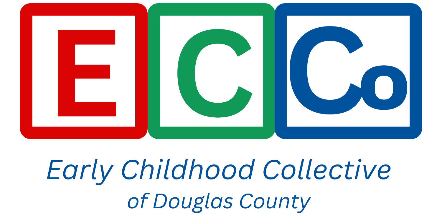 Early Childhood Collective of Douglas County Logo. 3 blocks, red with the letter E, green with the letter C, blue with the letters Co